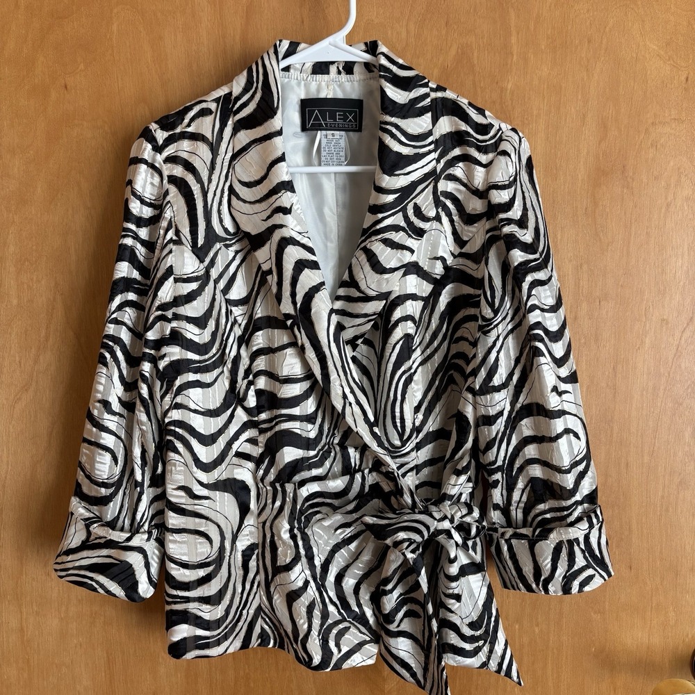 Alex Evenings Blazer Womens Small Silver Black Tie Closure
